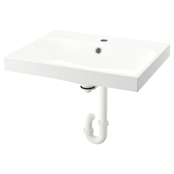 BACKSJÖN Wash-basin with water trap, white, 60x48 cm