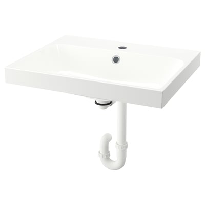 BACKSJÖN Wash-basin with water trap, white, 60x48 cm
