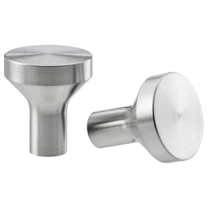 Two sleek, silver metallic knobs with a modern, cylindrical design, clean lines, and smooth finish. Ideal for contemporary decor.