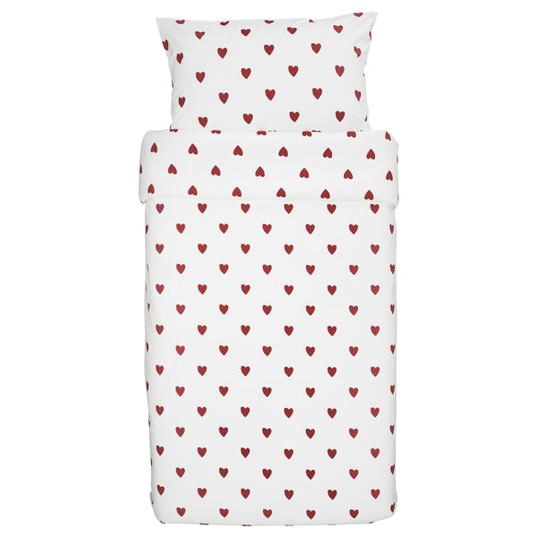 BARNDRÖM Duvet cover and pillowcase, heart pattern/white red, 150x200/50x80 cm