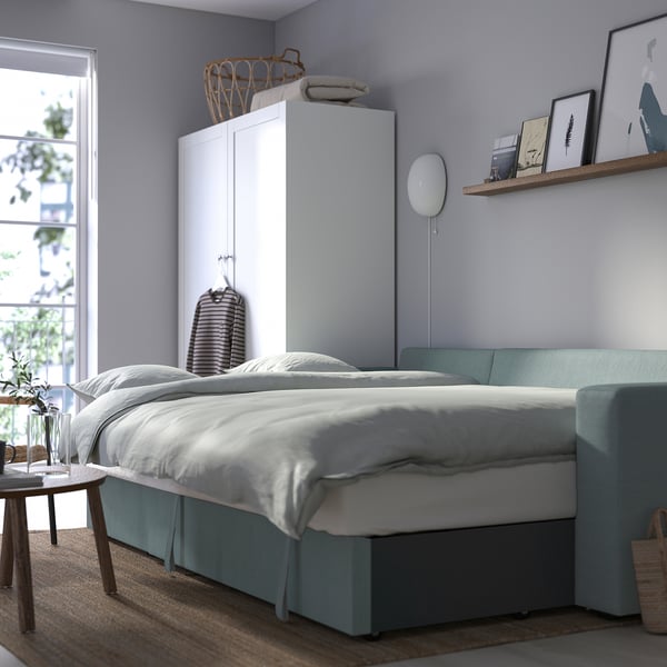 BÅRSLÖV 3-seat sofa-bed with chaise longue, Tibbleby light grey-turquoise
