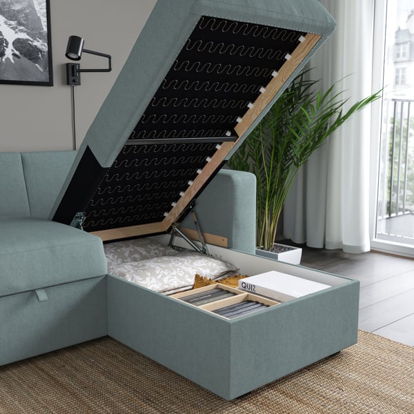 BÅRSLÖV 3-seat sofa-bed with chaise longue, Tibbleby light grey-turquoise
