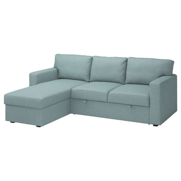 BÅRSLÖV 3-seat sofa-bed with chaise longue, Tibbleby light grey-turquoise