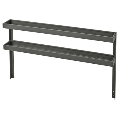 Black BÅTSKÄR metal shelf with two perforated steel shelves, sleek and functional design for outdoor kitchen storage.
