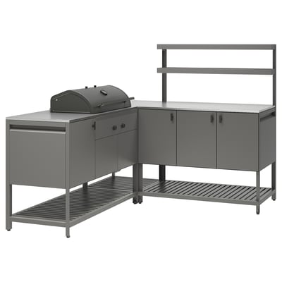 BÅTSKÄR grey outdoor kitchen set with grill, storage, shelf.