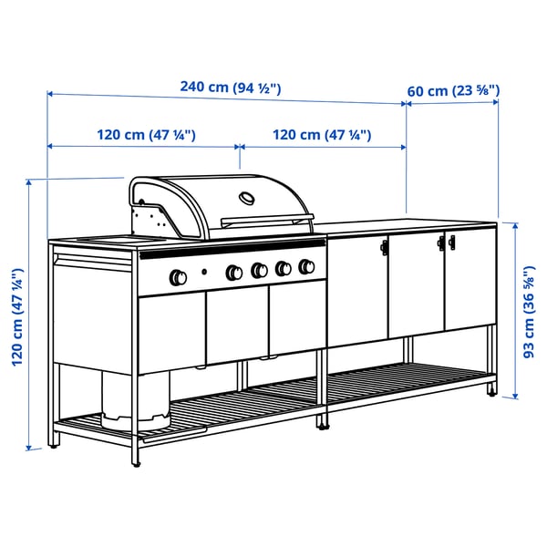 BÅTSKÄR Outdoor kitchen w gas barbecue, dark grey, 240x60 cm