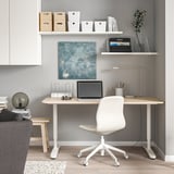 Modern home office with a white desk and chair, wooden shelves holding office supplies, blue painting, well-lit.