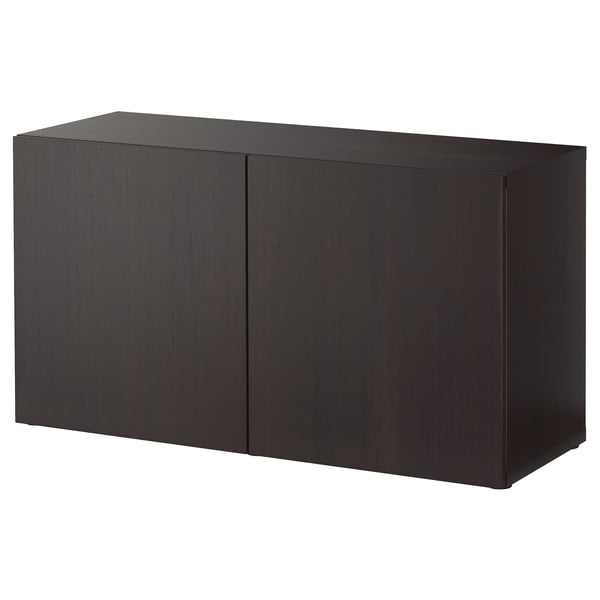 Black rectangular storage cabinet, flat panel design, with two doors.
