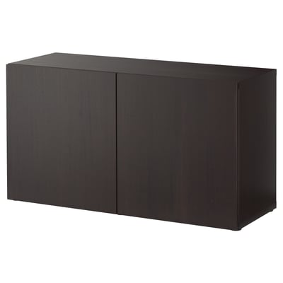 Black rectangular storage cabinet, flat panel design, with two doors.