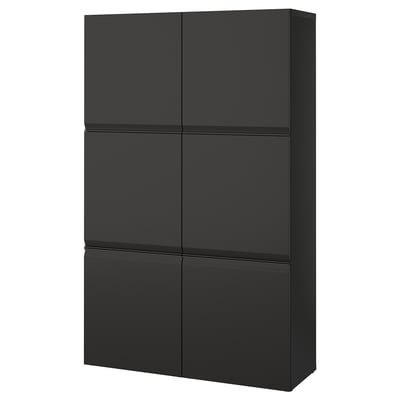 A black BESTÅ storage unit with six square doors, a sleek modern design, and glossy finish.