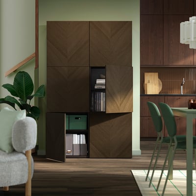 BESTÅ Storage combination with doors, black-brown/Hedeviken brown stained oak veneer, 120x42x193 cm