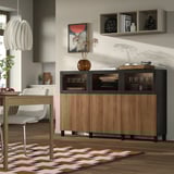 BESTÅ Storage combination with doors, black-brown Lappviken/Sindvik walnut effect, 180x42x112 cm