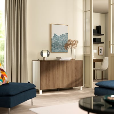 BESTÅ Storage combination with doors, white Lappviken/Stubbarp/brown walnut effect, 120x42x75 cm