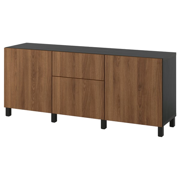 BESTÅ Storage combination with drawers, black-brown Lappviken/Stubbarp/brown walnut effect, 180x42x74 cm