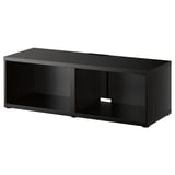 An ikea BESTÅ black-brown tv bench with open storage compartments and adjustable feet.