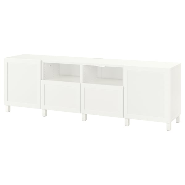 White BESTÅ tv bench, modern, rectangular, all-white, minimalist design, storage with adjustable shelves.