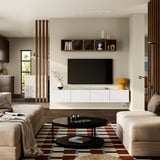 BESTÅ TV bench with doors, white/Selsviken high-gloss white, 240x42x38 cm