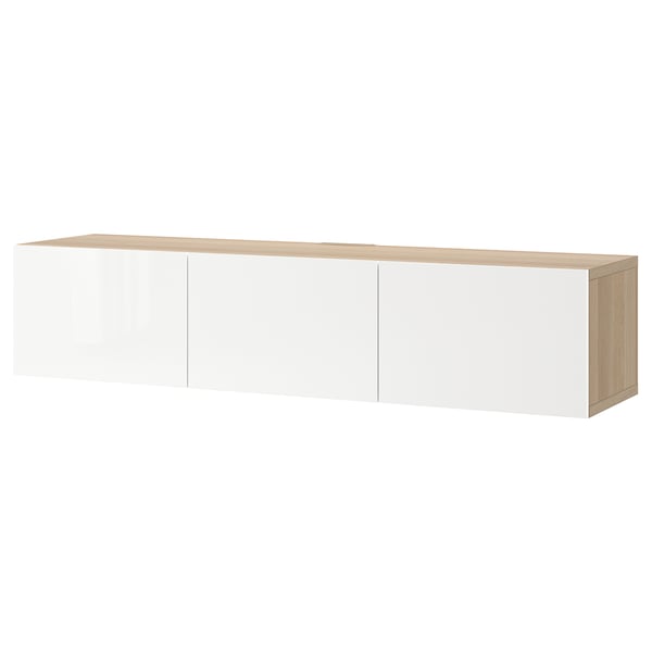 BESTÅ TV bench with doors, white stained oak effect/Selsviken high-gloss/white, 180x42x38 cm