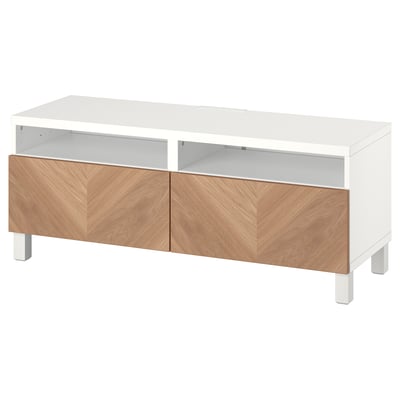 White tv stand with wooden drawers, 4 open shelves, sleek design.
