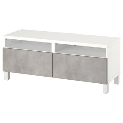 A white and grey BESTÅ tv unit. It has a modern design with a concrete-effect front and multiple compartments for storage and cable management.