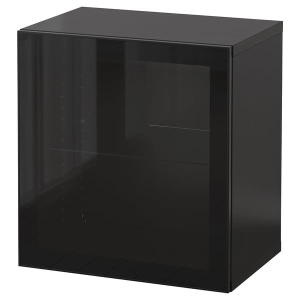 A black BESTÅ cabinet with a sleek, glossy finish and glass door. It has a square shape and modern design.