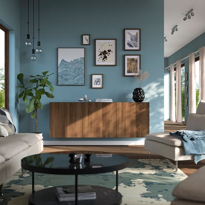 BESTÅ Wall-mounted cabinet combination, black-brown Lappviken/brown walnut effect, 180x42x64 cm
