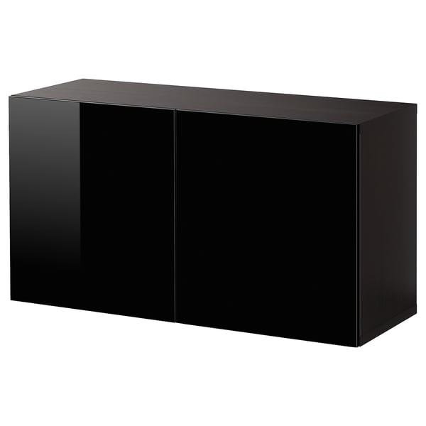 A black IKEA BESTÅ cabinet with a sleek, rectangular design, featuring two doors and a glossy finish.