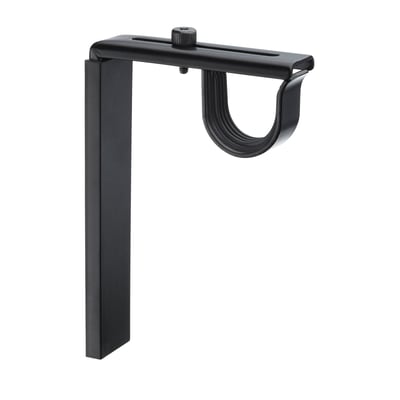 A black BETYDLIG curtain rod holder. Its made of steel and plastic, designed for wall or ceiling mounting.