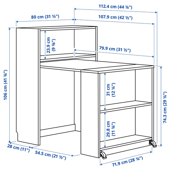 BILLY Bookcase with foldable table, white, 80x33/112x106 cm