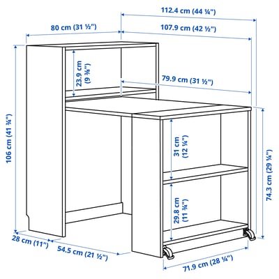 BILLY Bookcase with foldable table, white, 80x33/112x106 cm