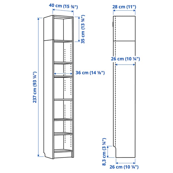 BILLY Bookcase with height extension unit, white, 40x28x237 cm