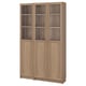 Wooden BILLY bookcase with glass doors, light brown finish, rectangular shape, and cabinet design.