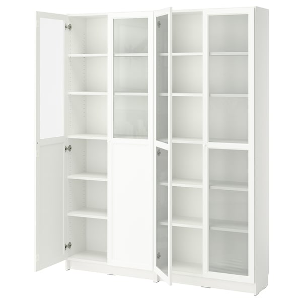 White BILLY bookcase with glass doors, five open shelves.