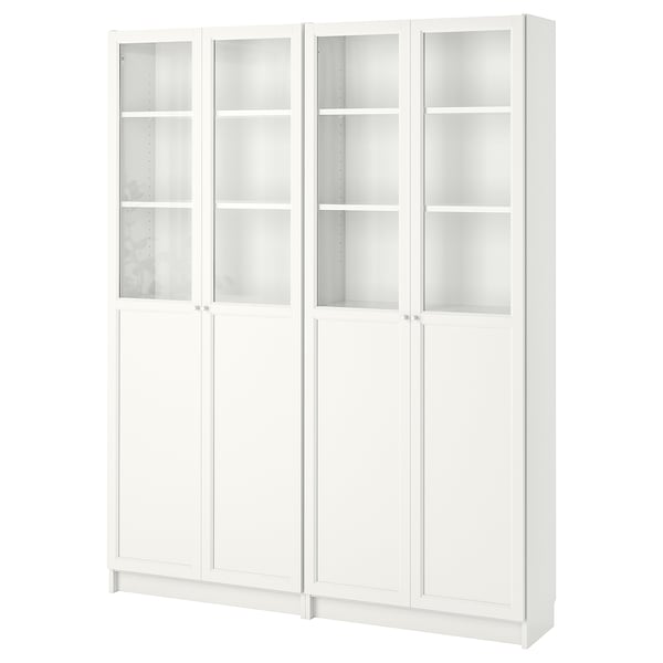 White BILLY bookcase, 5-door with glass panels, modern design, particleboard and glass.