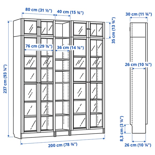 BILLY / OXBERG Bookcase w glass doors/ext unit, oak effect, 200x30x237 cm