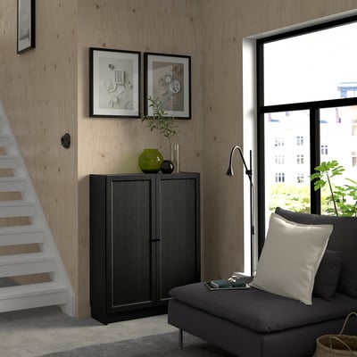 BILLY / OXBERG Bookcase with doors, black oak effect, 80x30x106 cm