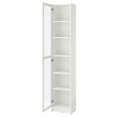 A tall white BILLY bookcase with four empty shelves and glass doors.