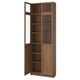 Wooden brown bookcase with glass doors, open shelves, clean design for storage or display.