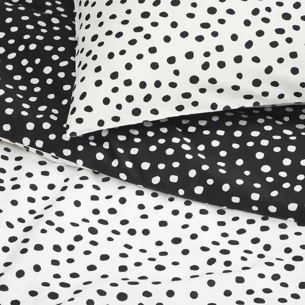 BJÖRKGRÅMAL Duvet cover and 2 pillowcases, black white/dotted, 240x220/50x80 cm