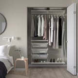 Open wardrobe: BOAXEL grey & white, steel/metal, rectangular, modern minimalist, fits neatly inside room.