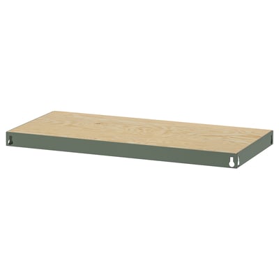 A BROR shelf in green with a light wood top, made of metal and wood, rectangular and sturdy.