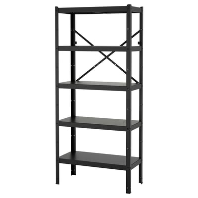 A black metal BROR storage shelf with four tiers. Its designed for heavy loads and versatile use.