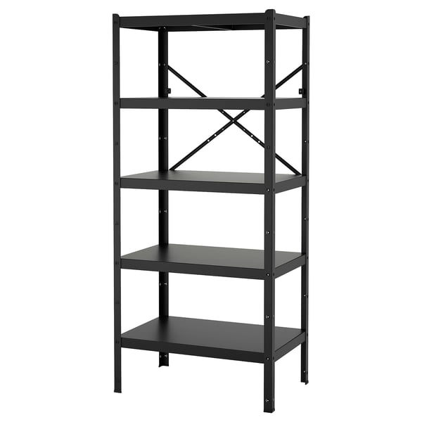 This image shows a black BROR metal shelving unit with four tiers. Its rectangular shape and sturdy design support heavy loads.