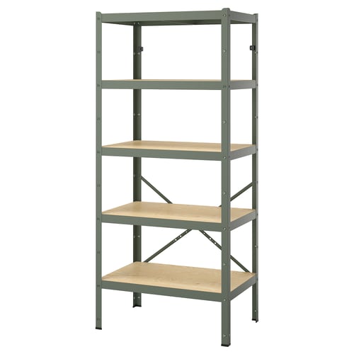 A grey metal BROR shelving unit with four wooden shelves.