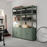 BROR green storage unit, metal & wood, 3 shelves, 2 cabinets, houses bins, pots, tools, & bike tyre. Tall, versatile, durable.