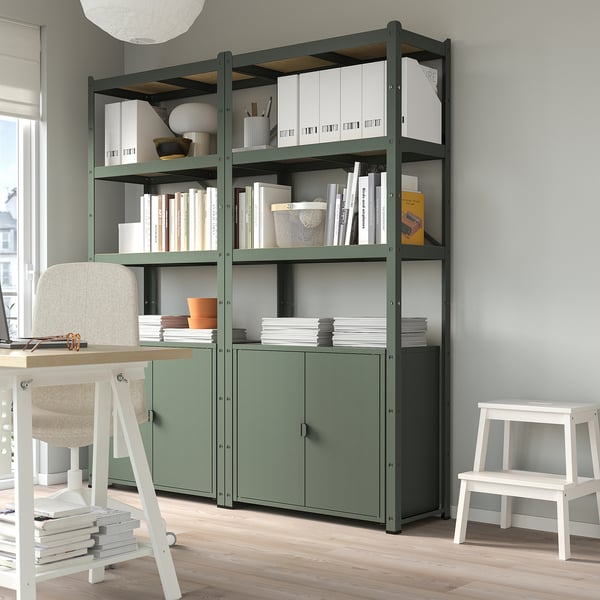 BROR Shelving unit with cabinets, grey-green/pine plywood, 170x40x190 cm