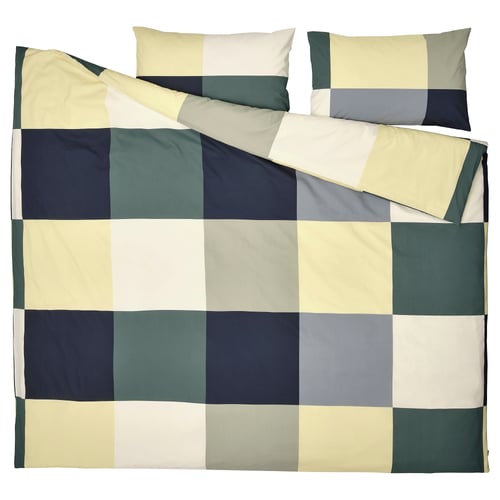 BRUNKRISSLA bedding set in chequered green/beige pattern, rectangular shape with zip closure, made from cotton/viscose blend.