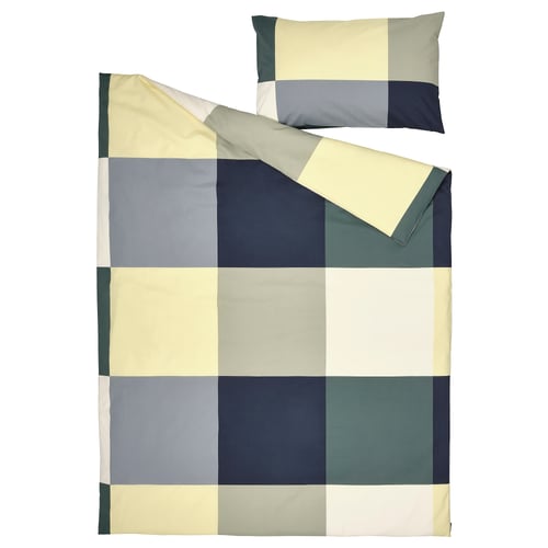 BRUNKRISSLA bedding in green, blue, grey, and beige squares. Chequered, rectangular duvet and pillowcases with zip and envelope closures.