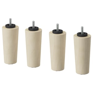 Four light brown cylindrical wooden legs with metal screws and black rings for furniture.