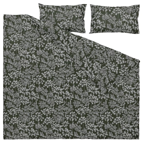 DAGGBJÖRNBÄR Duvet cover and 2 pillowcases, dark green/floral pattern, 240x220/50x80 cm